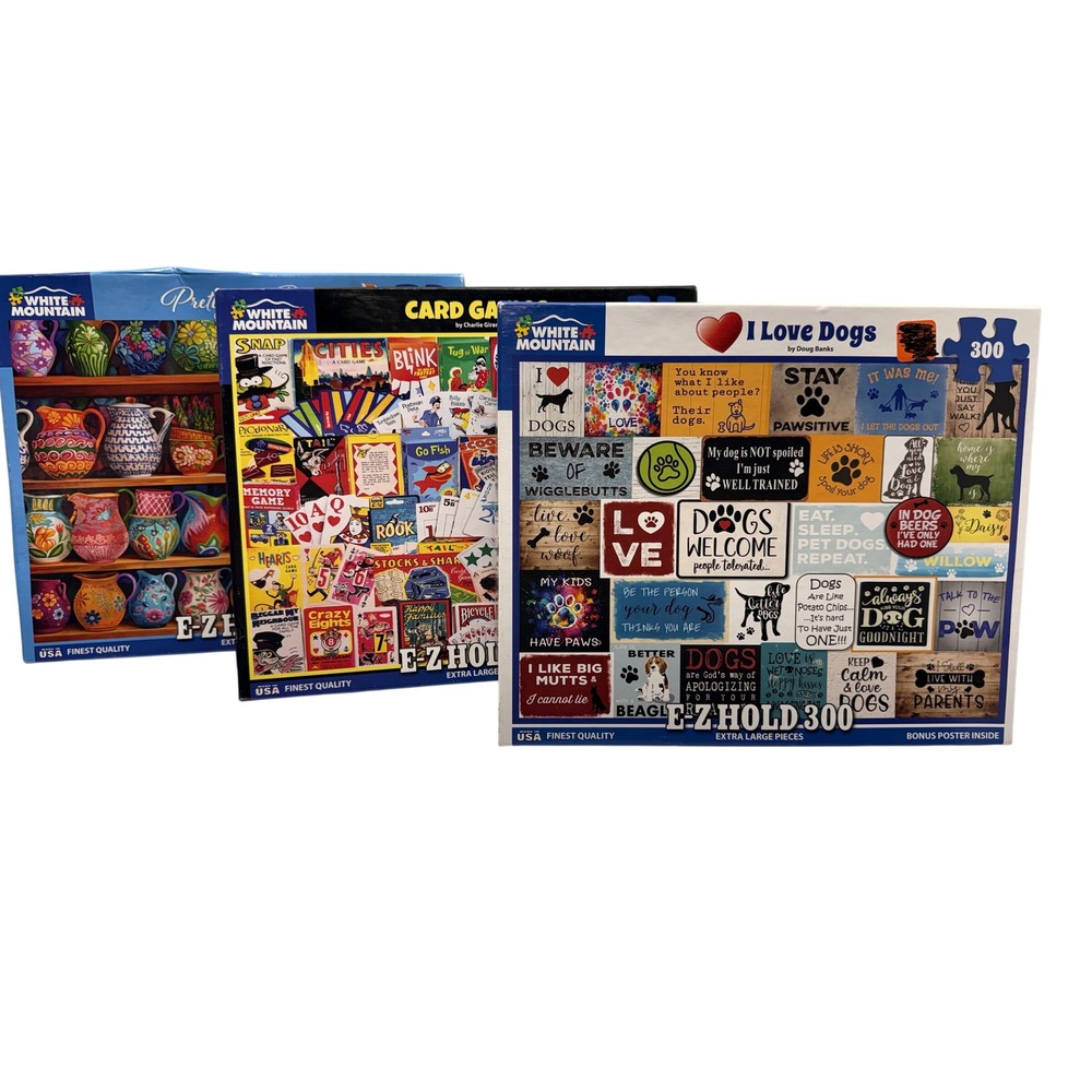 White Mountain Puzzles E-Z Hold 300 Piece Jigsaw Set Dogs Card Games Pitchers